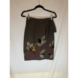 Floreat Anthropologie Embroidered Pheasant Ruffle Wool Blend Skirt Brown Size 2